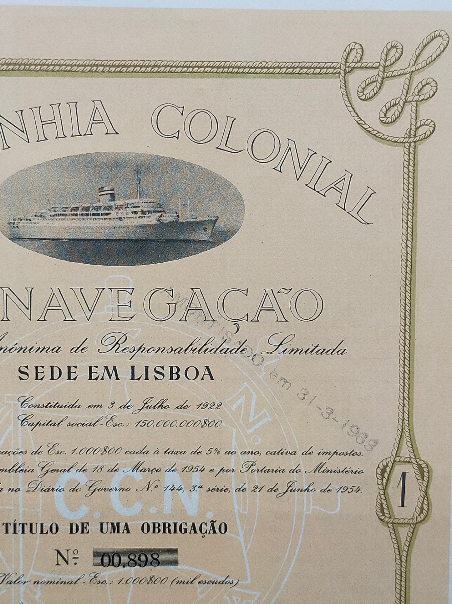 Historische Schiffahrtsanleihe Companhia Colonial de Navegação 1954