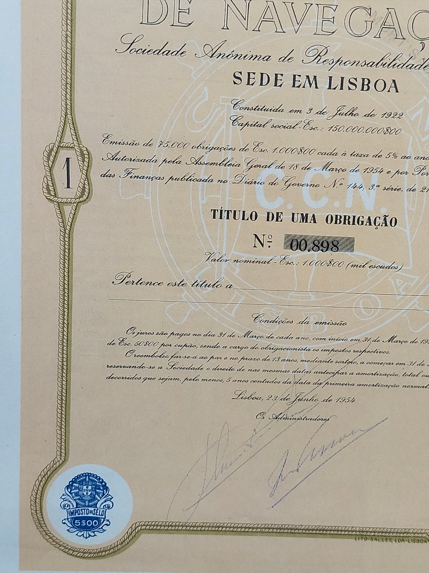 Historische Schiffahrtsanleihe Companhia Colonial de Navegação 1954