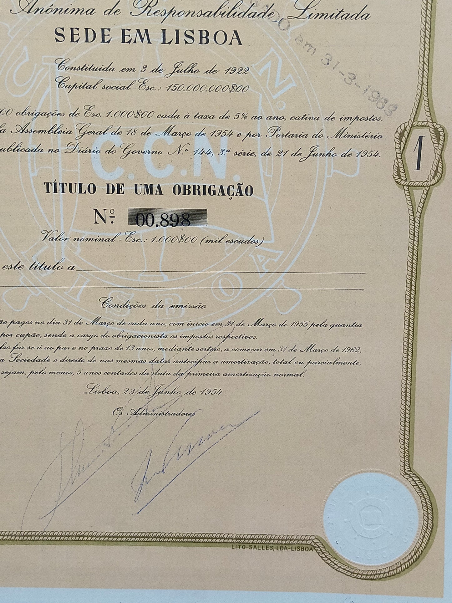 Historische Schiffahrtsanleihe Companhia Colonial de Navegação 1954