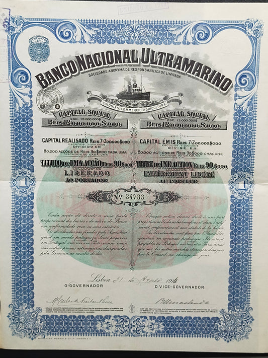 Titel Historische Aktie Banco Nacional Ultramarino 1916