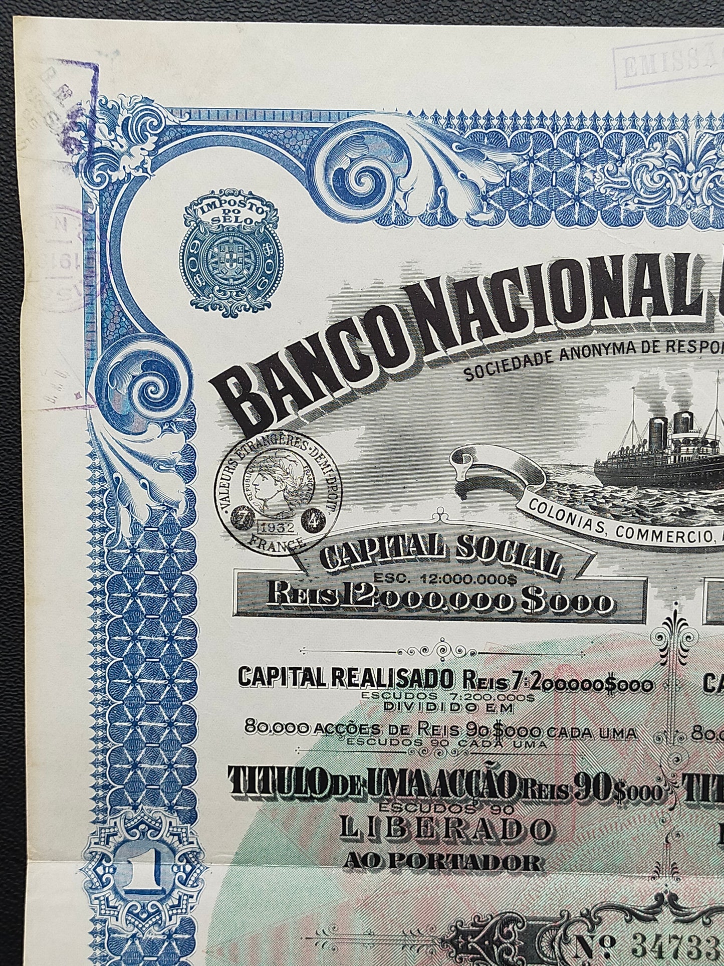 Titel Historische Aktie Banco Nacional Ultramarino 1916