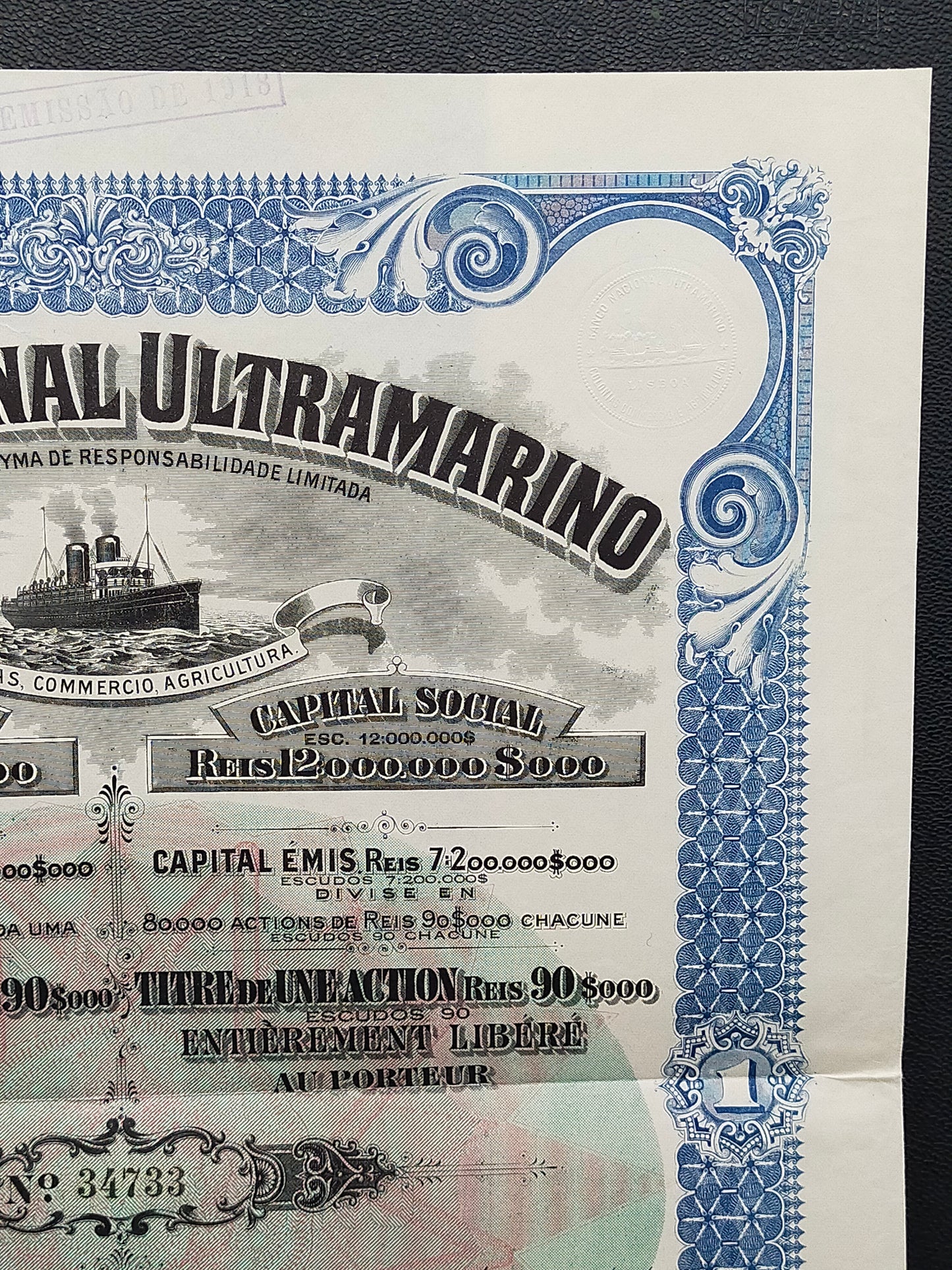 Titel Historische Aktie Banco Nacional Ultramarino 1916