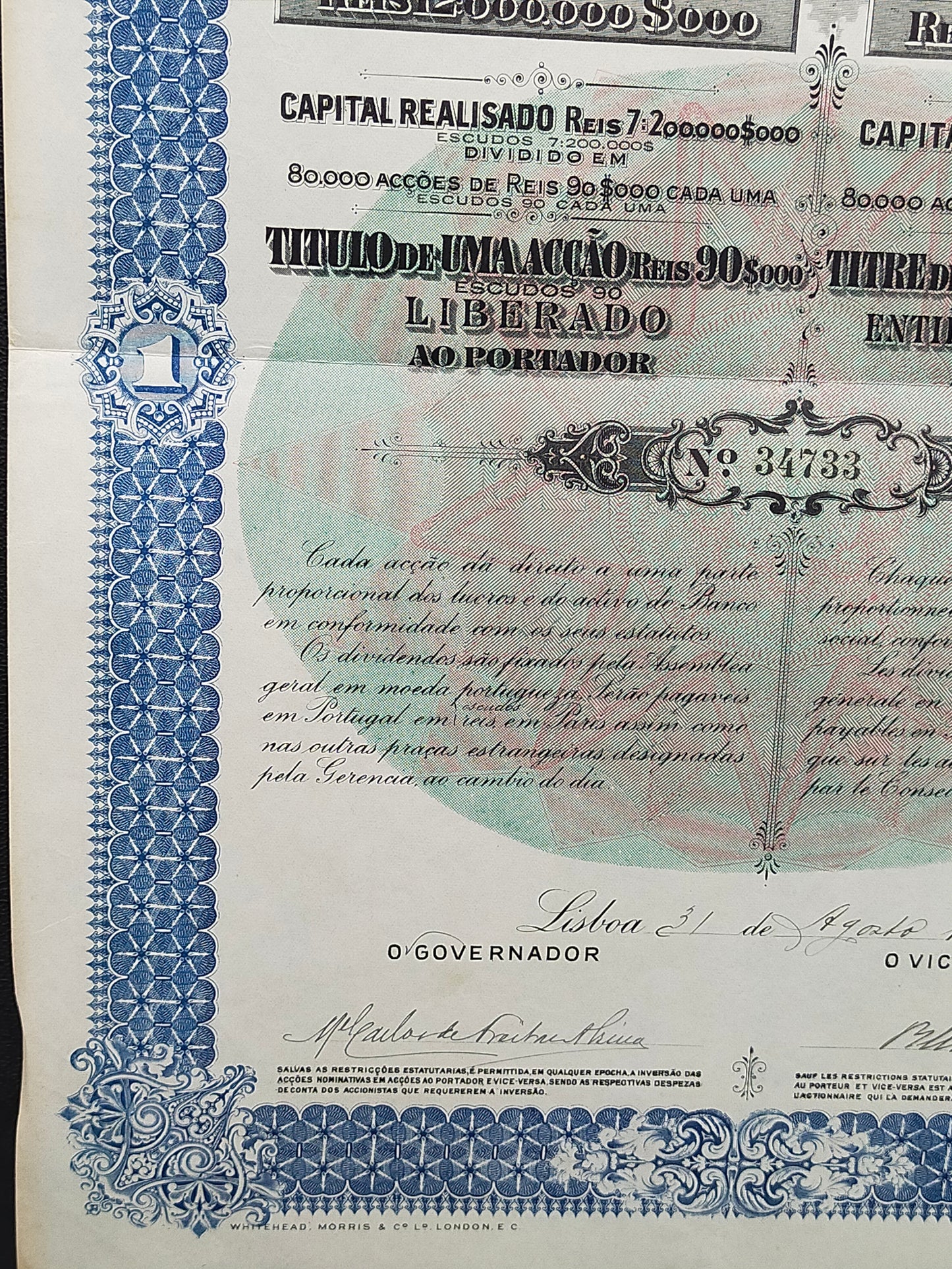 Titel Historische Aktie Banco Nacional Ultramarino 1916