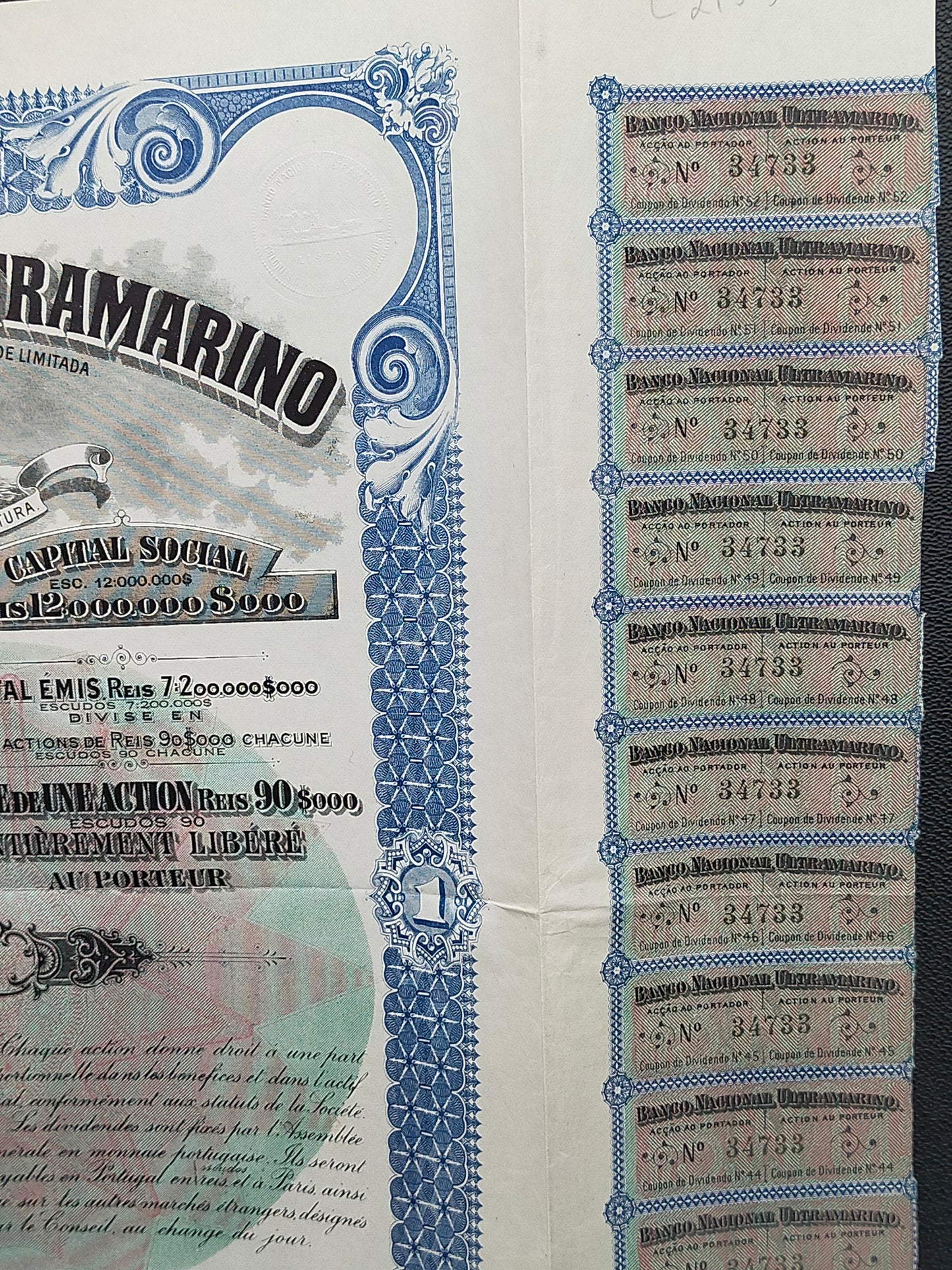Titel Historische Aktie Banco Nacional Ultramarino 1916