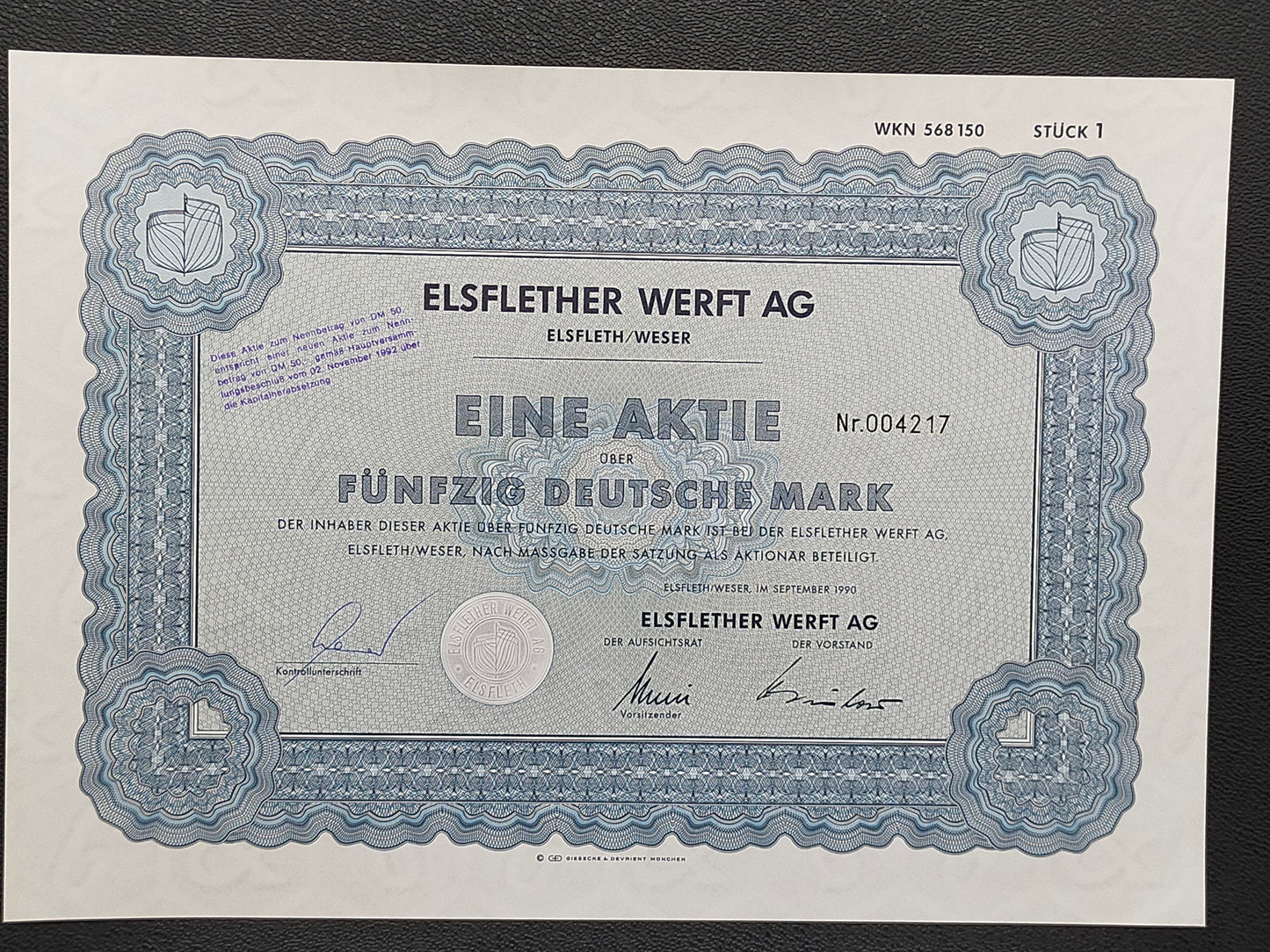 Historische Aktie Elsflether Werft AG 50 Deutsche Mark von 1990