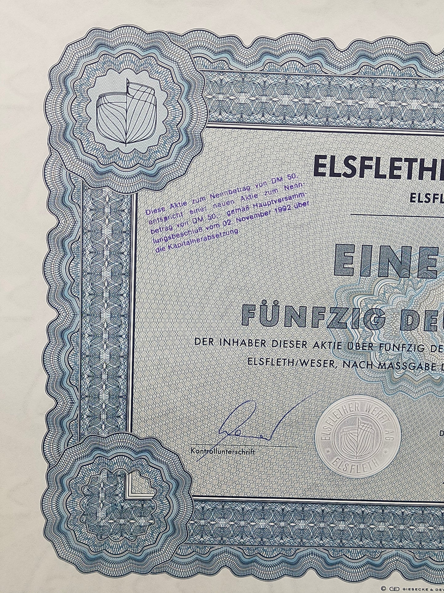 Historische Aktie Elsflether Werft AG 50 Deutsche Mark von 1990