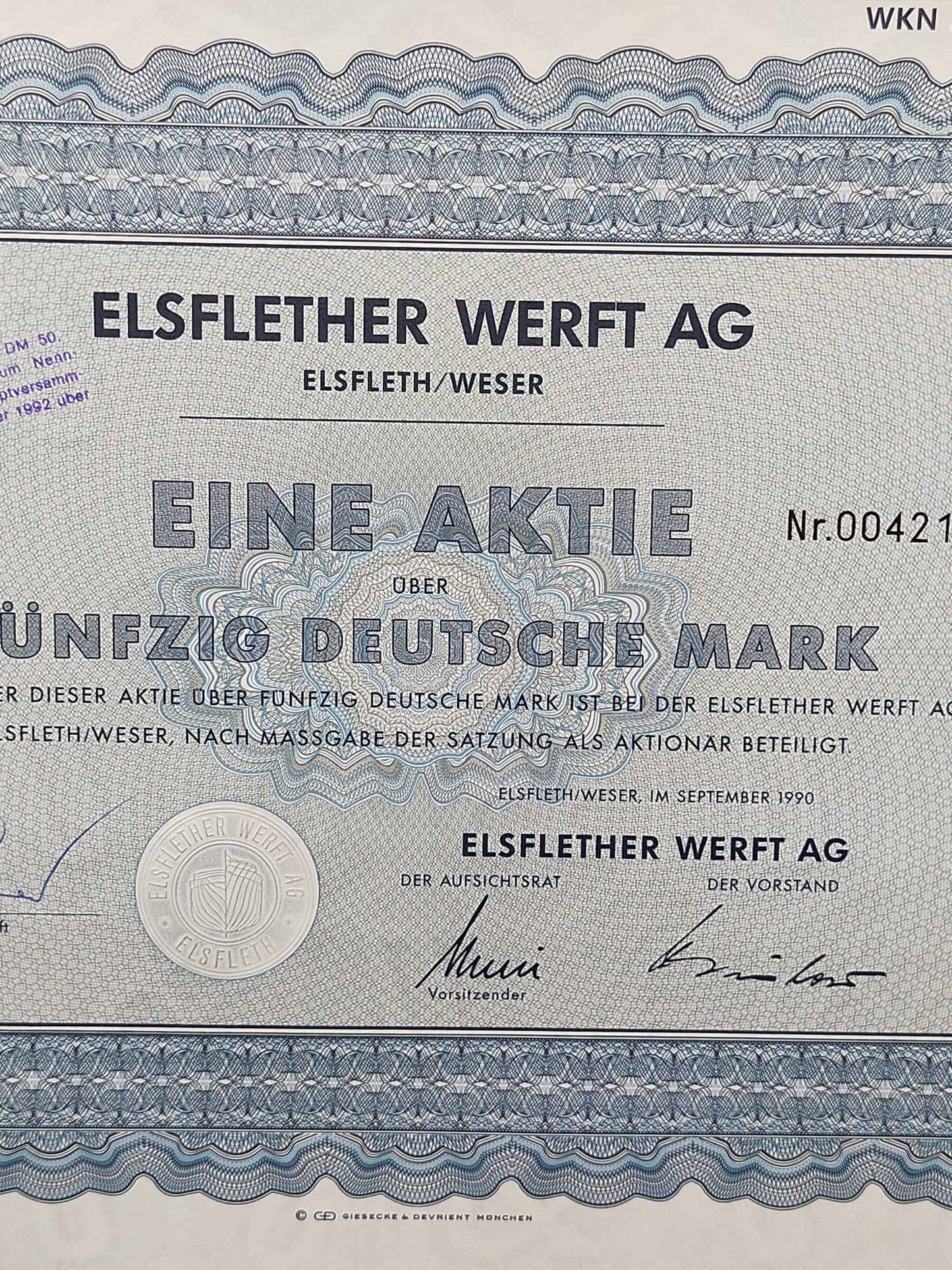 Historische Aktie Elsflether Werft AG 50 Deutsche Mark von 1990