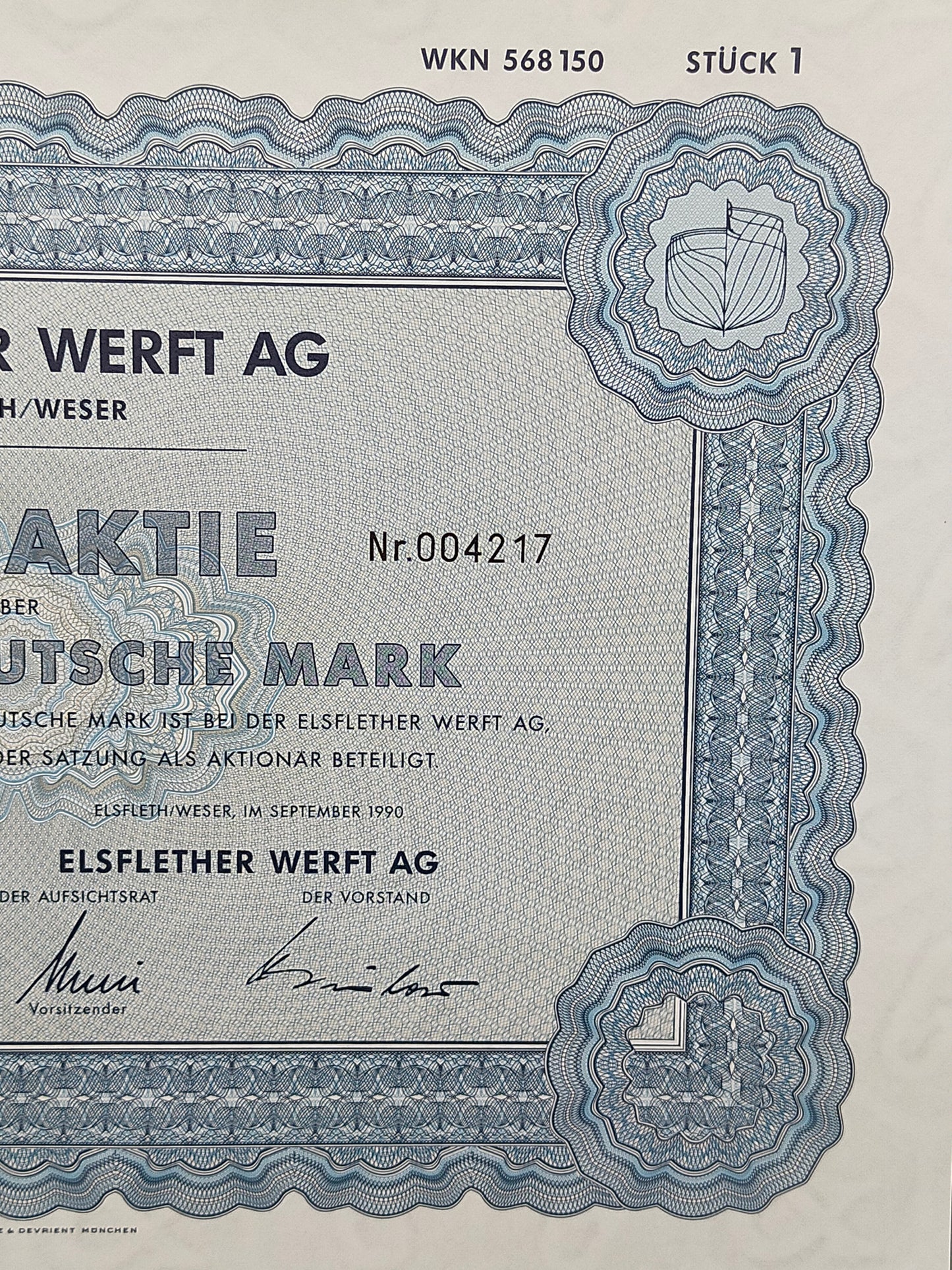 Historische Aktie Elsflether Werft AG 50 Deutsche Mark von 1990