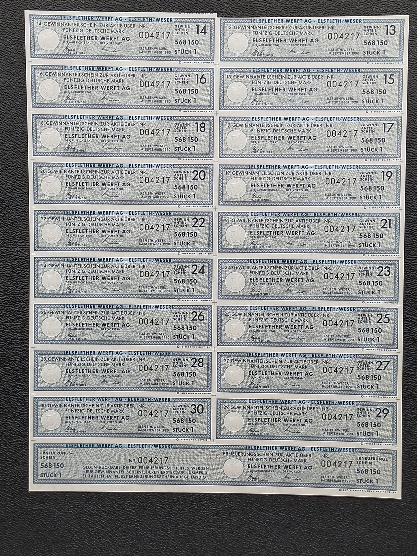 Historische Aktie Elsflether Werft AG 50 Deutsche Mark von 1990