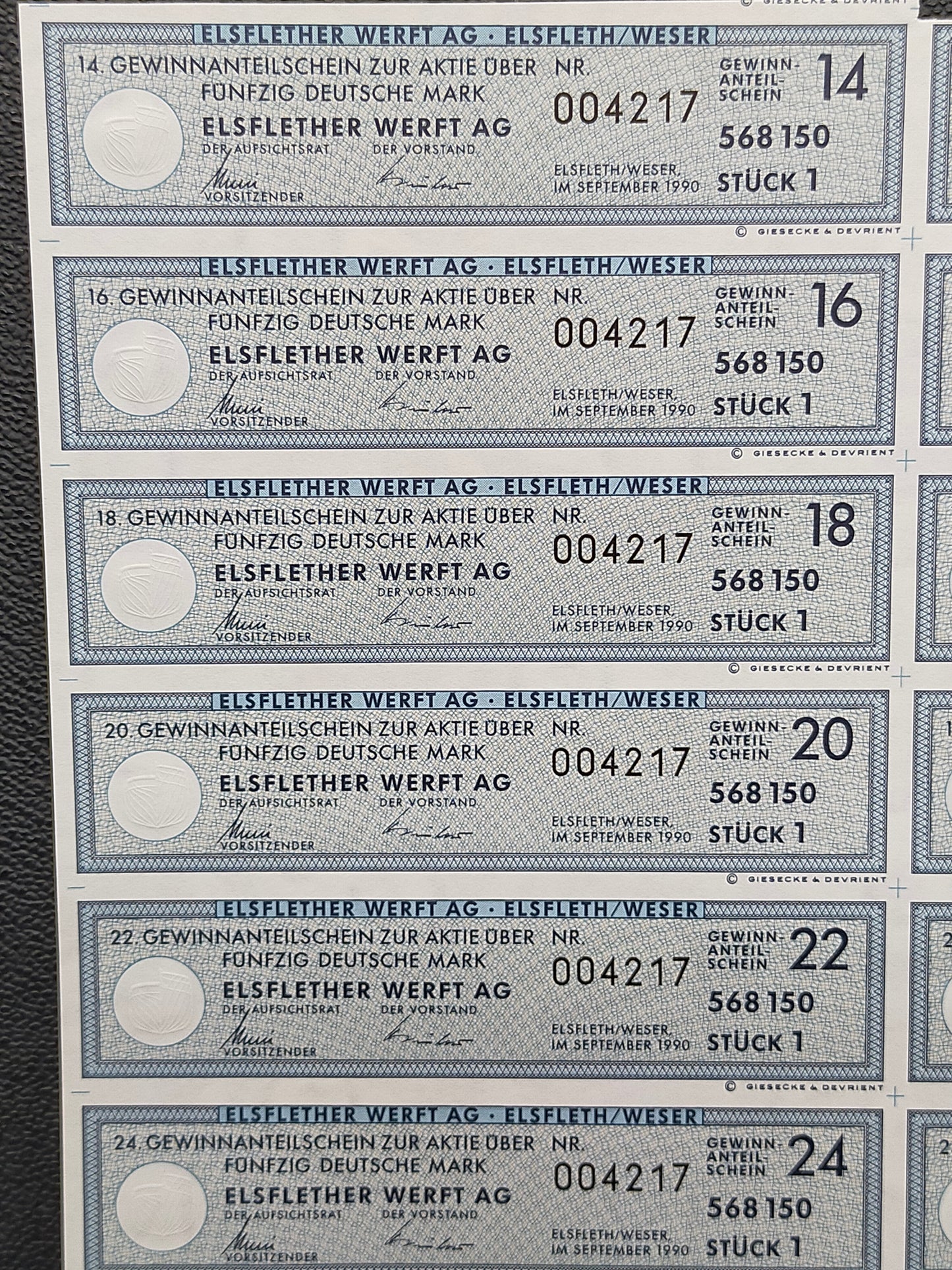Historische Aktie Elsflether Werft AG 50 Deutsche Mark von 1990