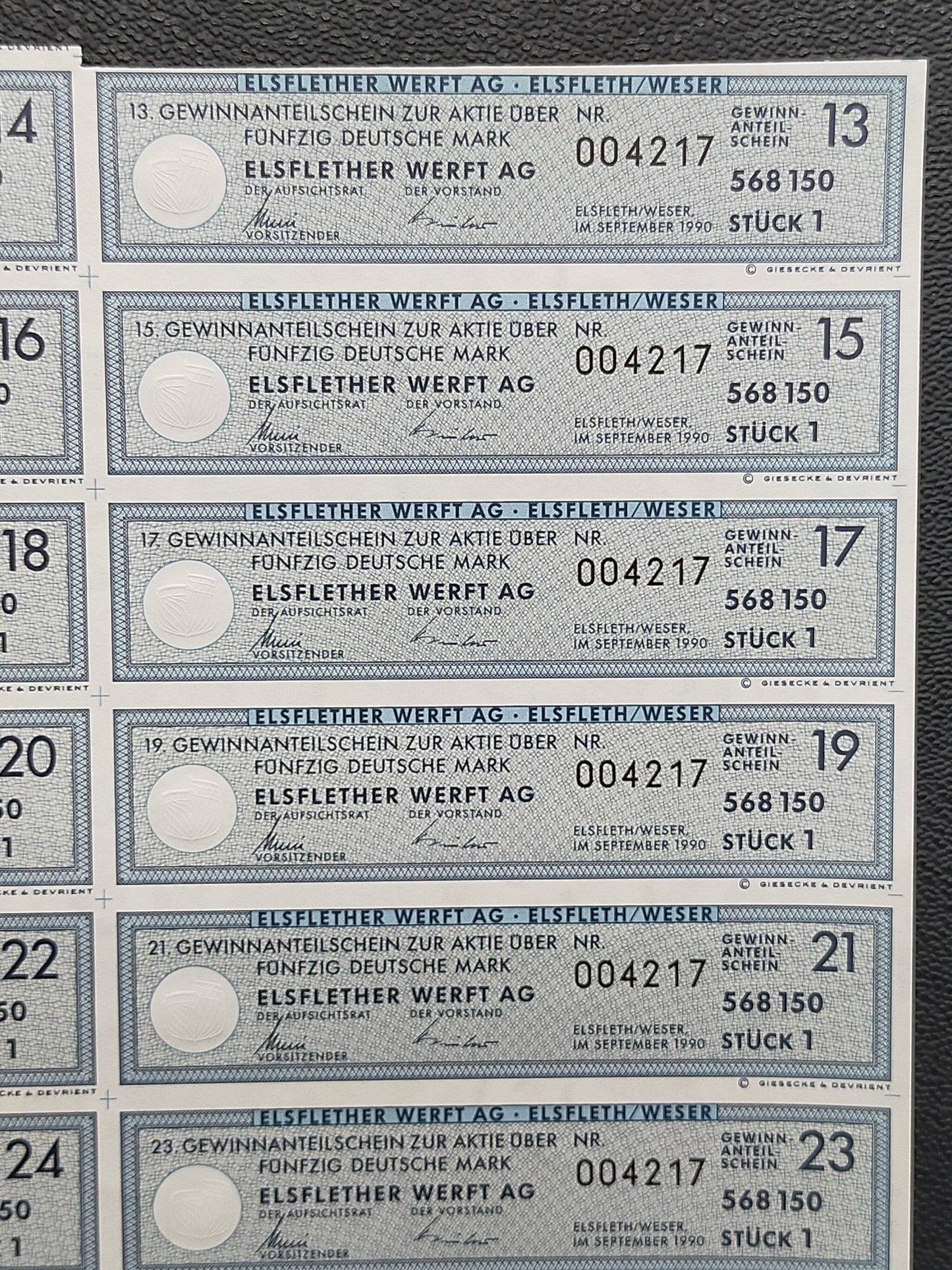 Historische Aktie Elsflether Werft AG 50 Deutsche Mark von 1990