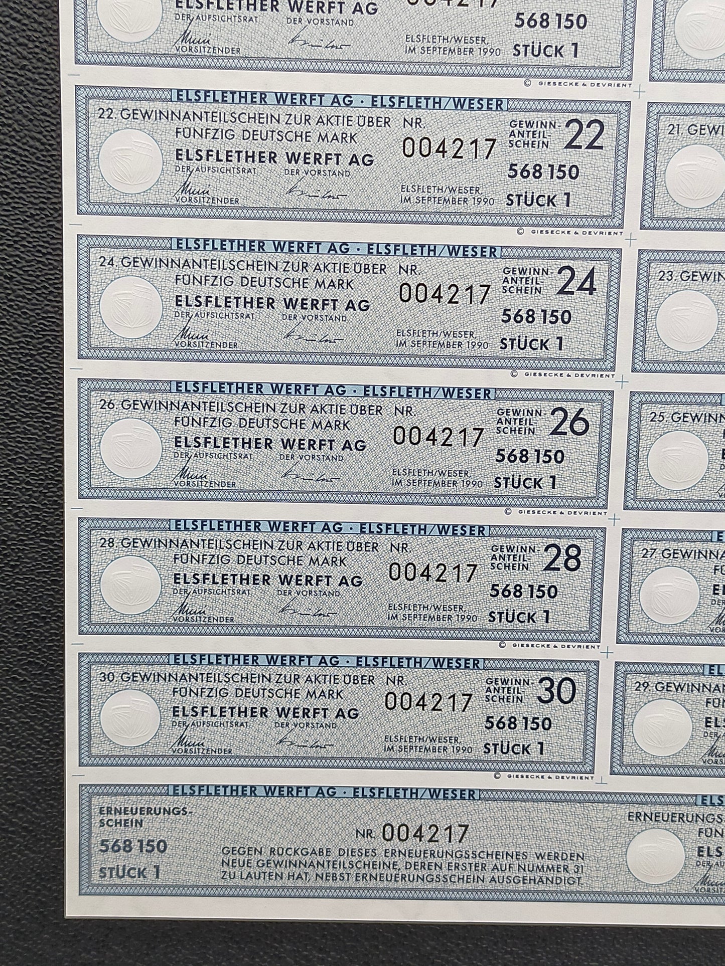 Historische Aktie Elsflether Werft AG 50 Deutsche Mark von 1990