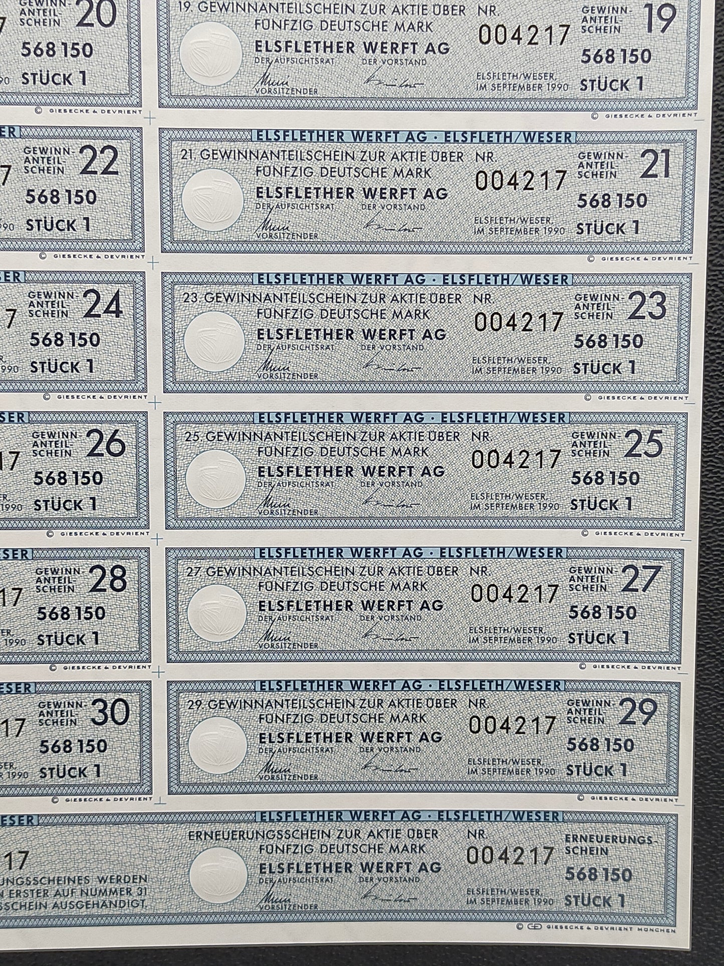 Historische Aktie Elsflether Werft AG 50 Deutsche Mark von 1990