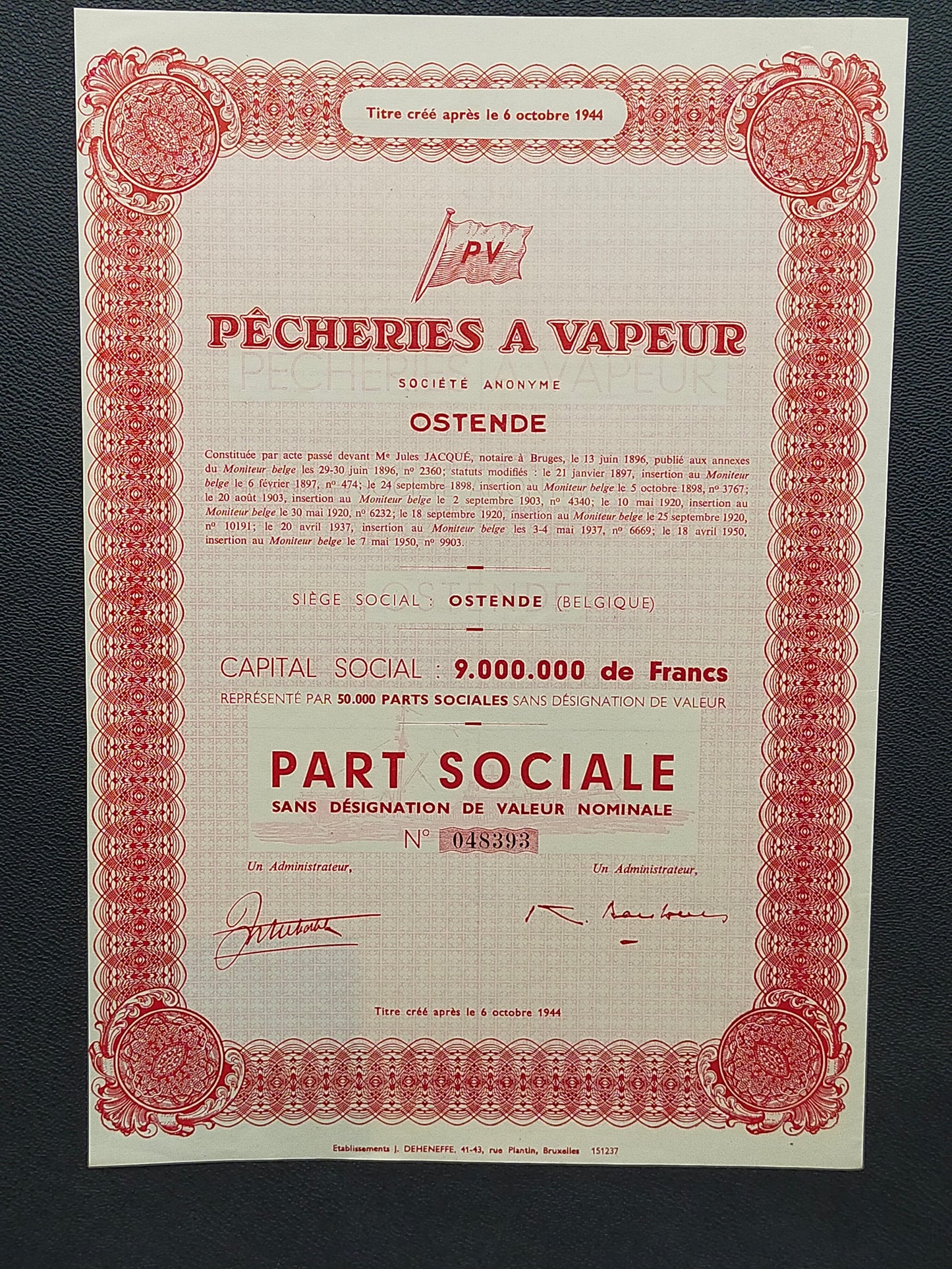 Historische Aktie Pêcheries à Vapeur Ostende Antikes Wertpapier