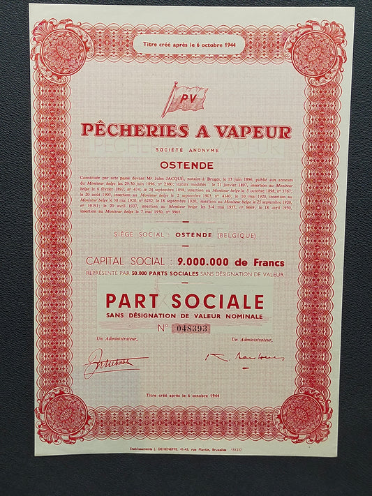 Historische Aktie Pêcheries à Vapeur Ostende Antikes Wertpapier
