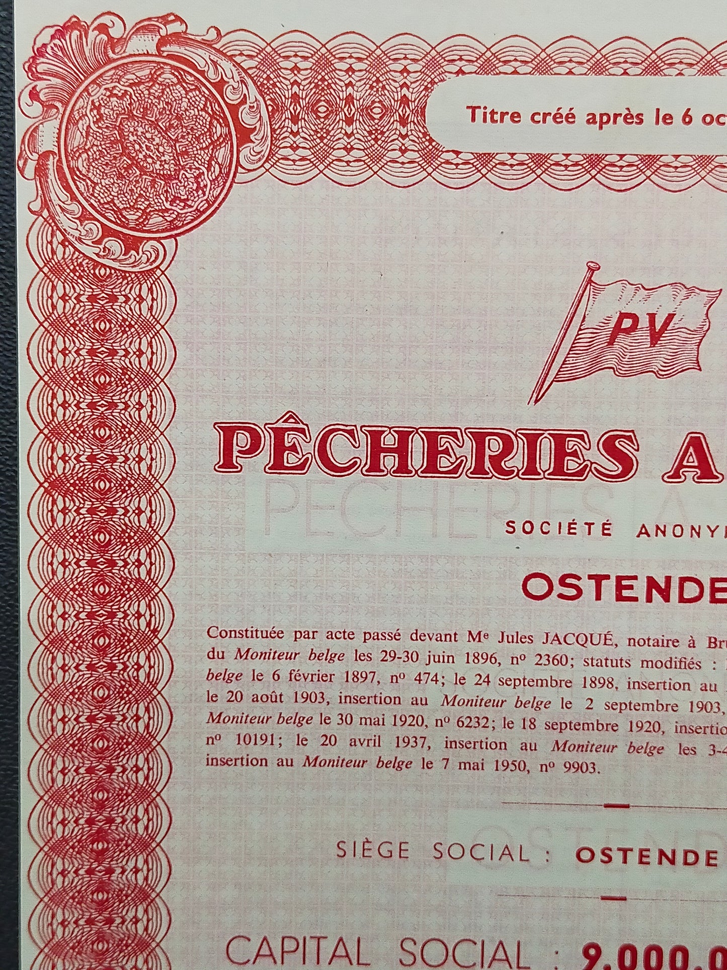 Historische Aktie Pêcheries à Vapeur Ostende Antikes Wertpapier