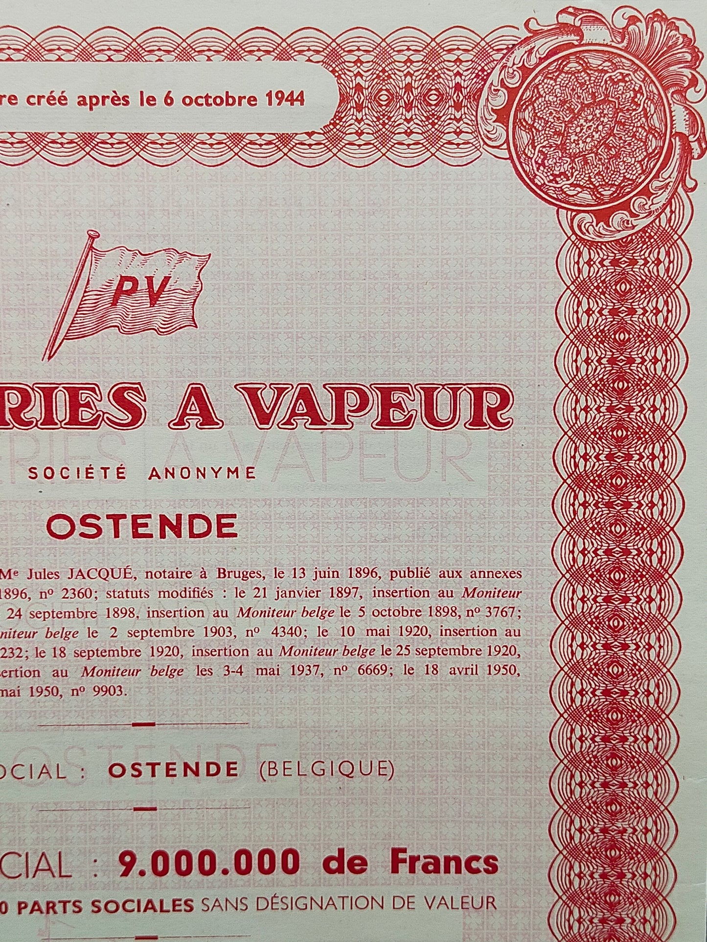 Historische Aktie Pêcheries à Vapeur Ostende Antikes Wertpapier