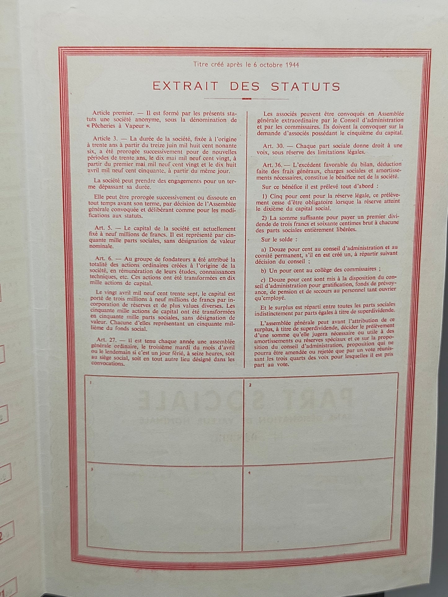 Historische Aktie Pêcheries à Vapeur Ostende Antikes Wertpapier