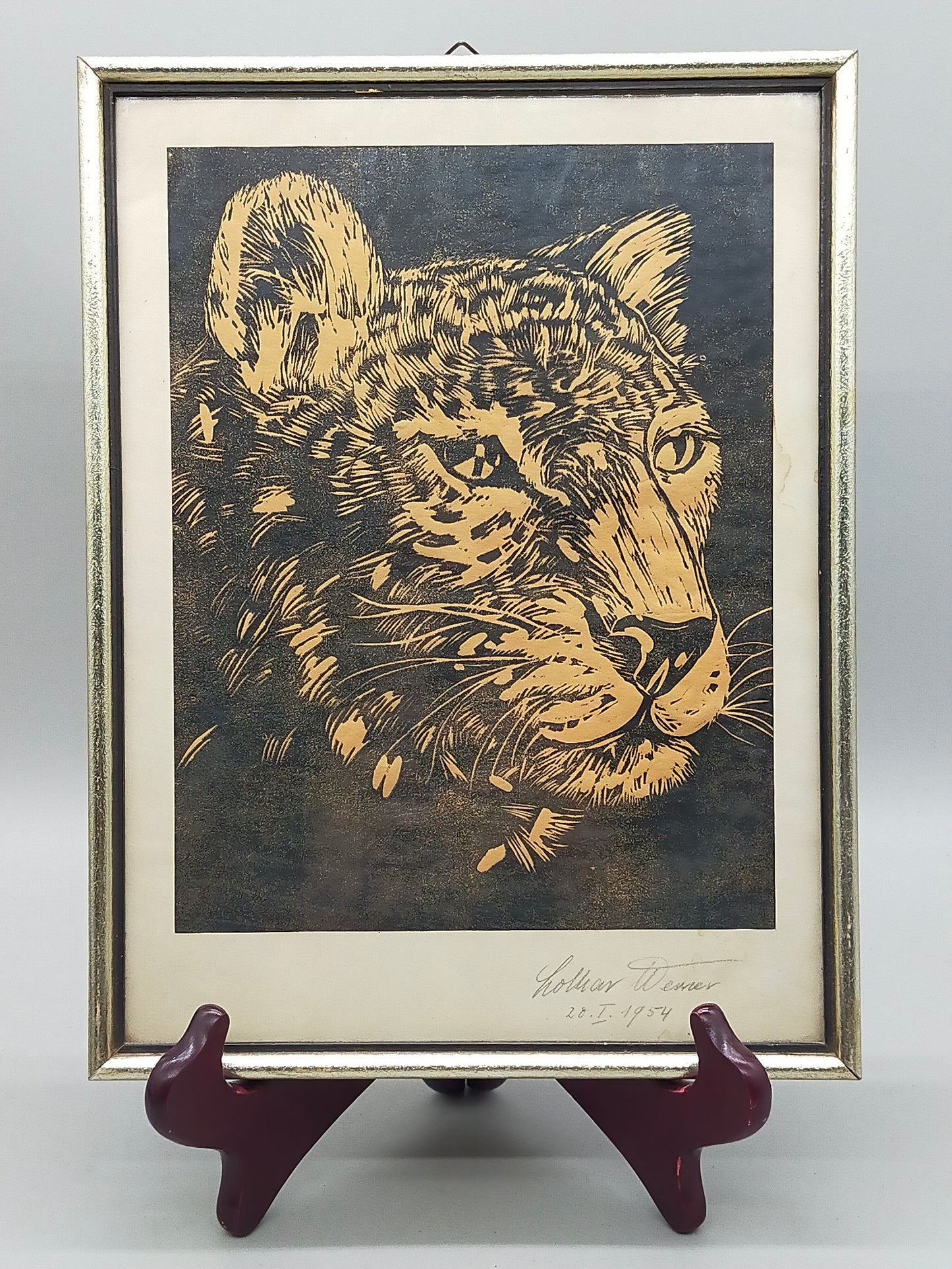 Originaler Grafik Lothar Werner Linolschnitt Leopard 1954