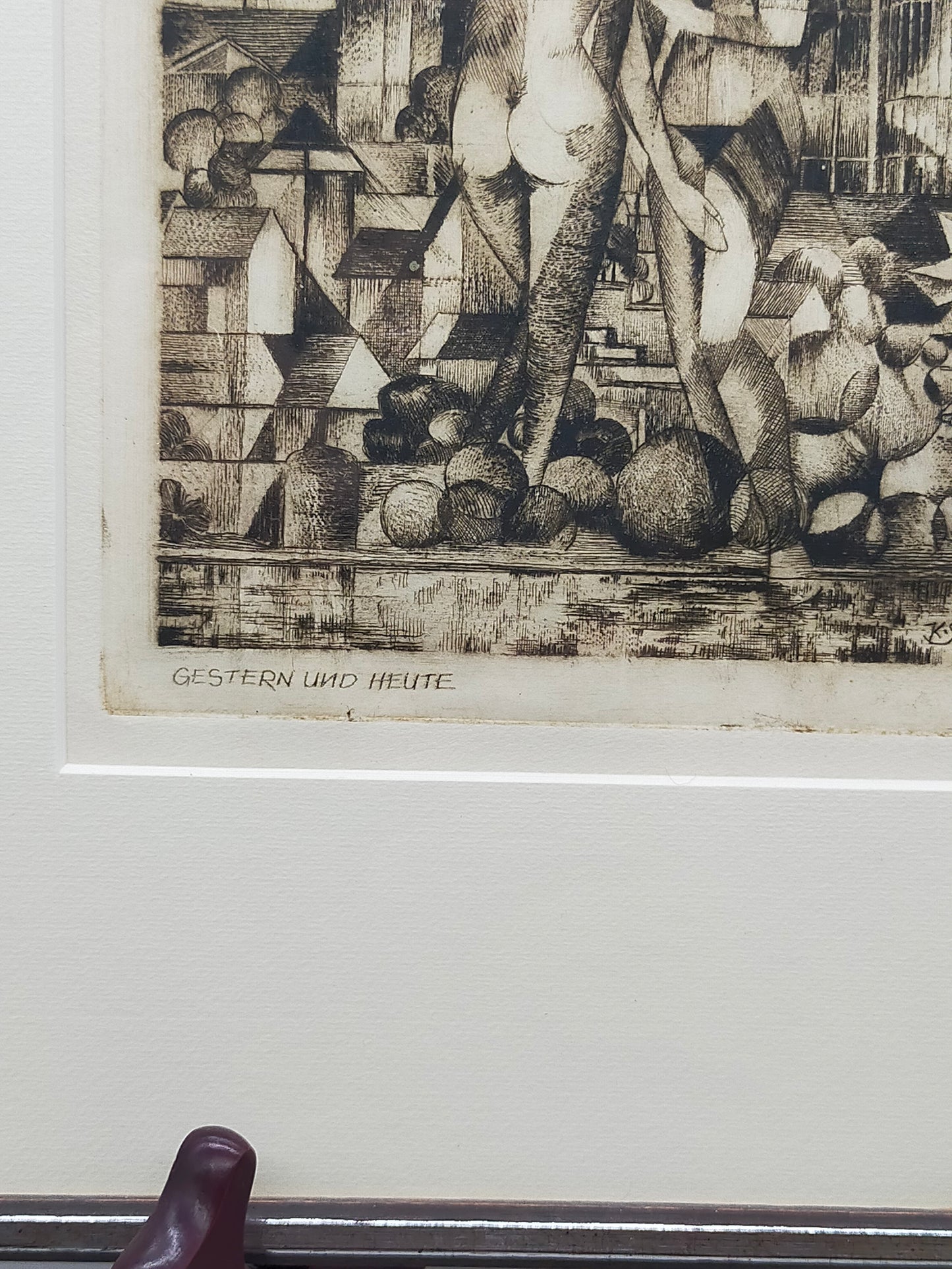 Kunstvoll gerahmte Grafik Gestern und Heute K. Schriefers 1983