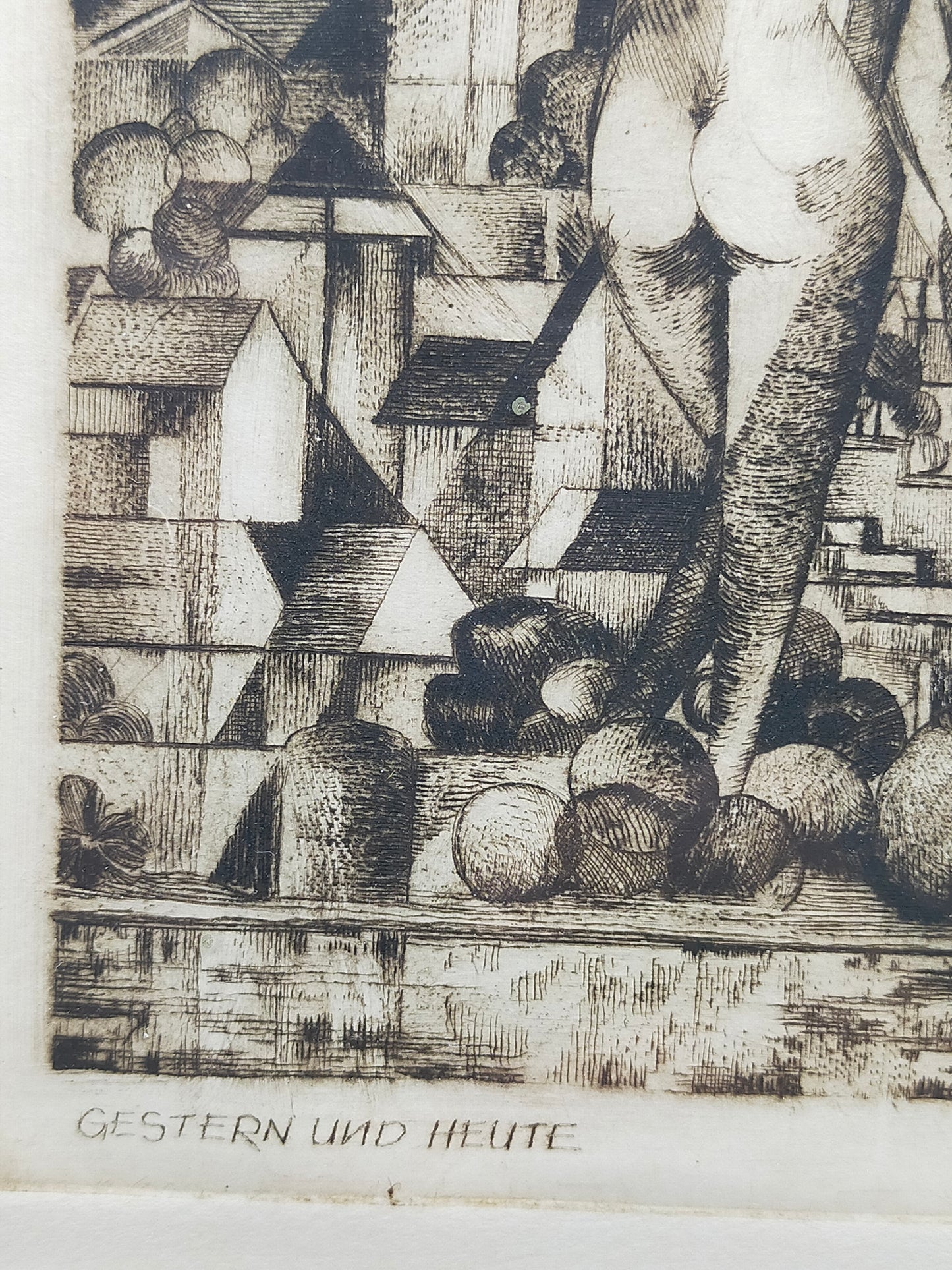 Kunstvoll gerahmte Grafik Gestern und Heute K. Schriefers 1983