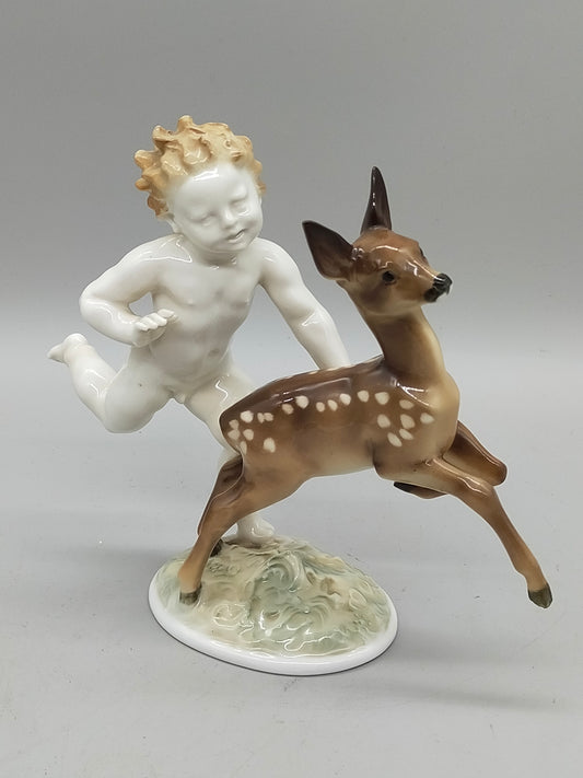 Hutschenreuther Porzellanfigur Putto mit Reh Karl Tutter Kunstabteilung