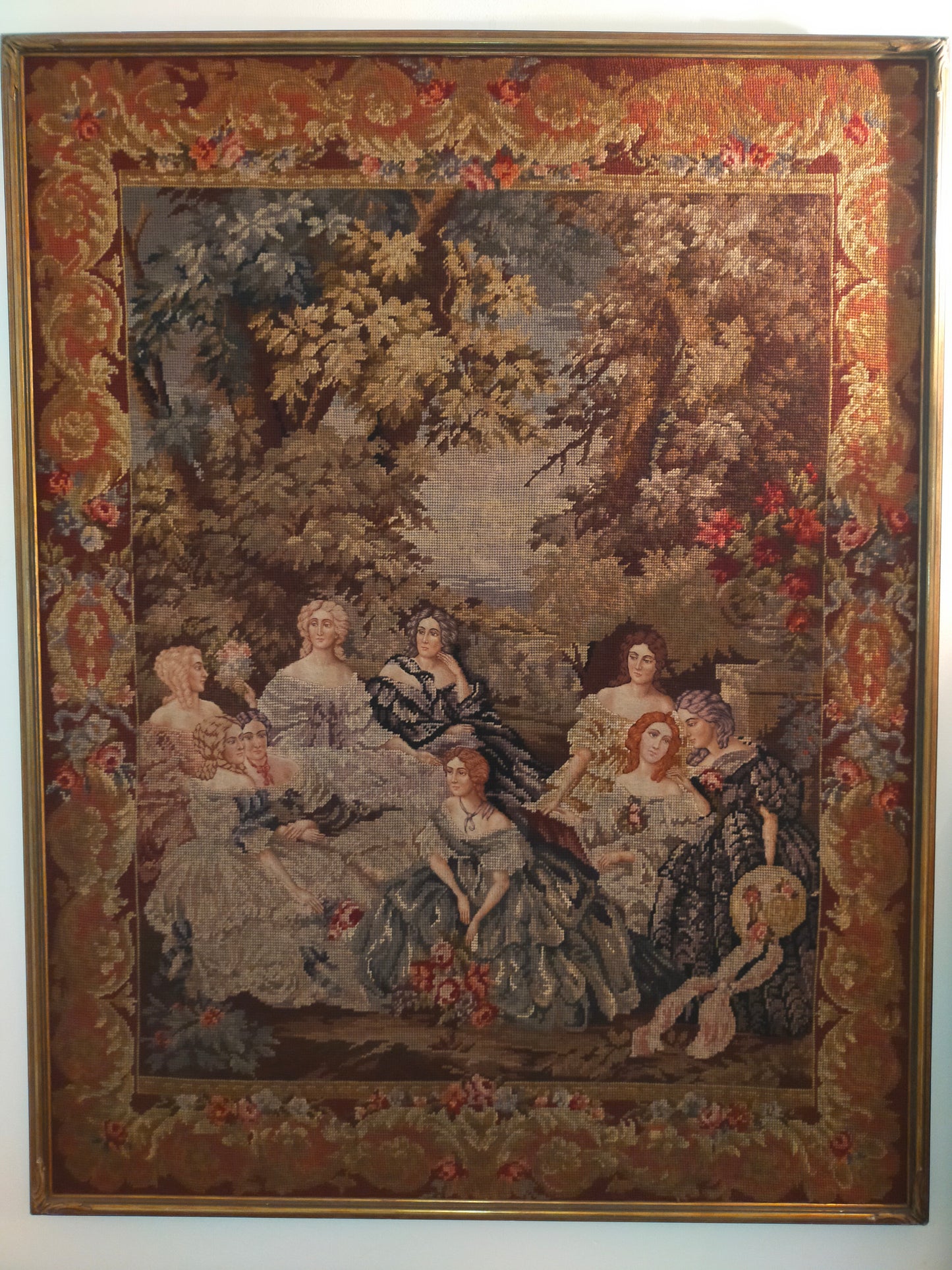 Großer Wandgobelin Elegante Damengesellschaft