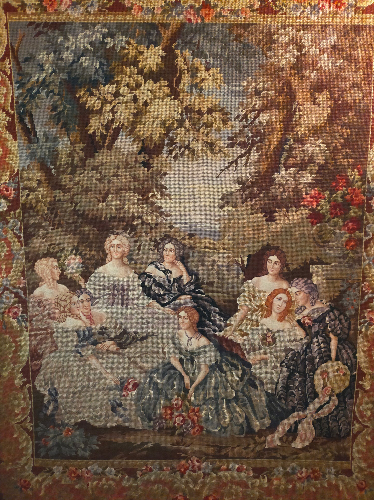 Großer Wandgobelin Elegante Damengesellschaft