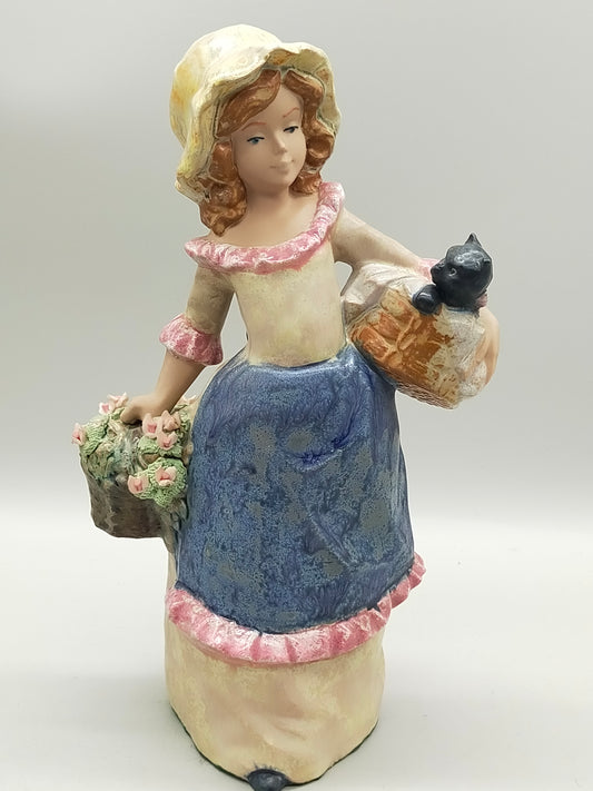 Keramik Figur Mädchen mit Katze Handbemalte Vintage Dekoration