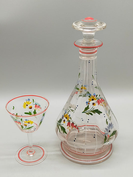 Handbemalte Vintage Glas Karaffe & Glas Florales Design