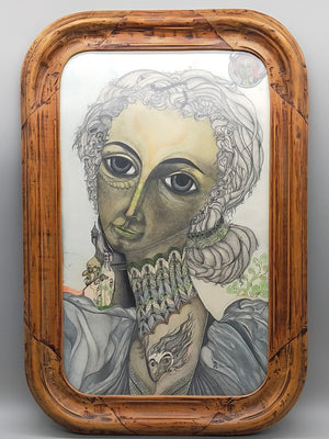 A. Abraham Rosy Surrealistisches Damen Porträt Buntstiftzeichnung