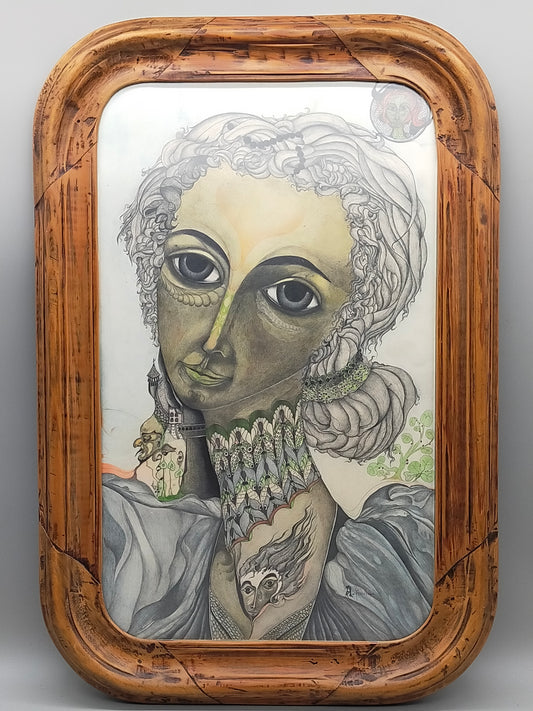 A. Abraham Rosy Surrealistisches Damen Porträt Buntstiftzeichnung