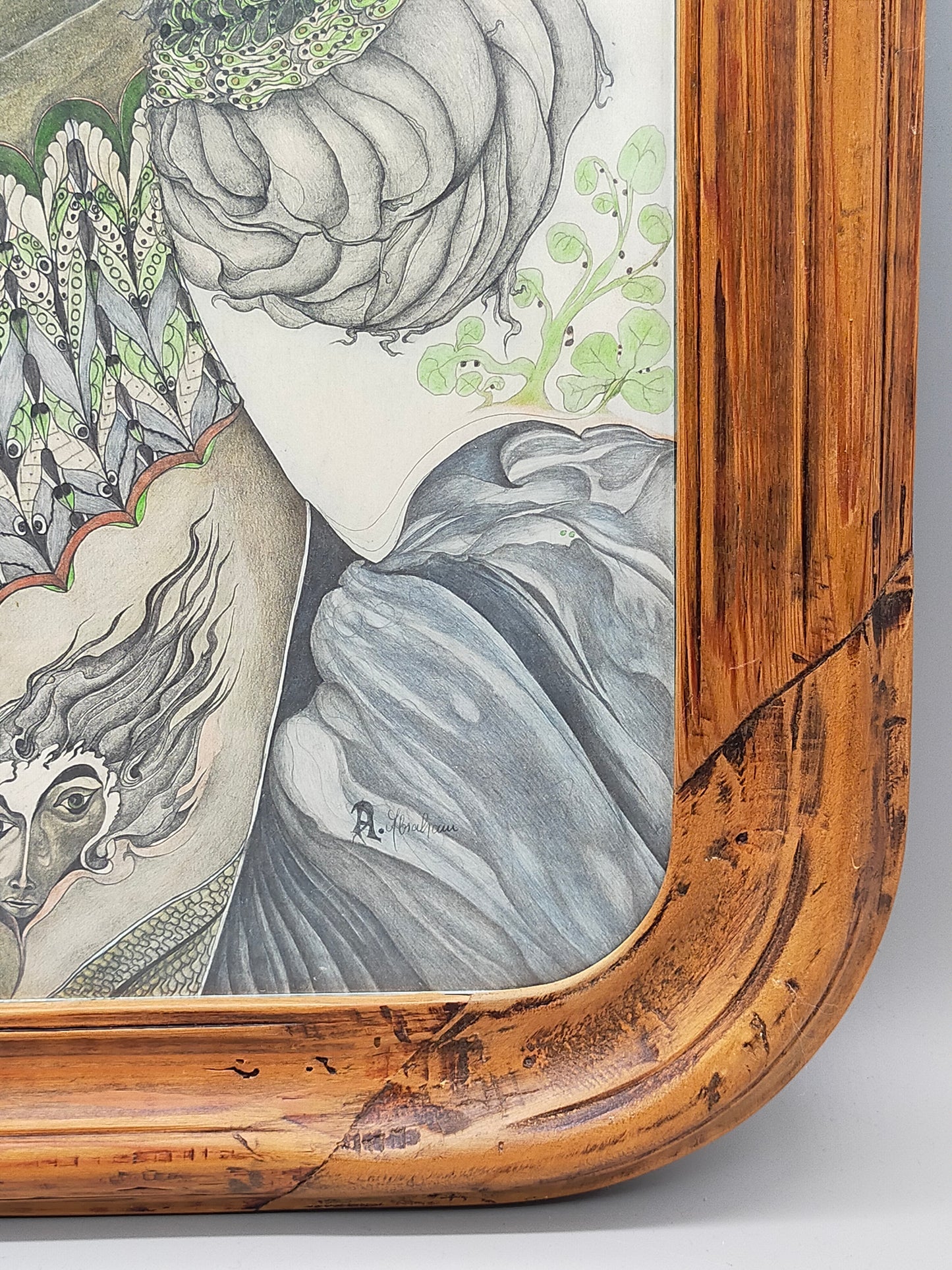 A. Abraham Rosy Surrealistisches Damen Porträt Buntstiftzeichnung