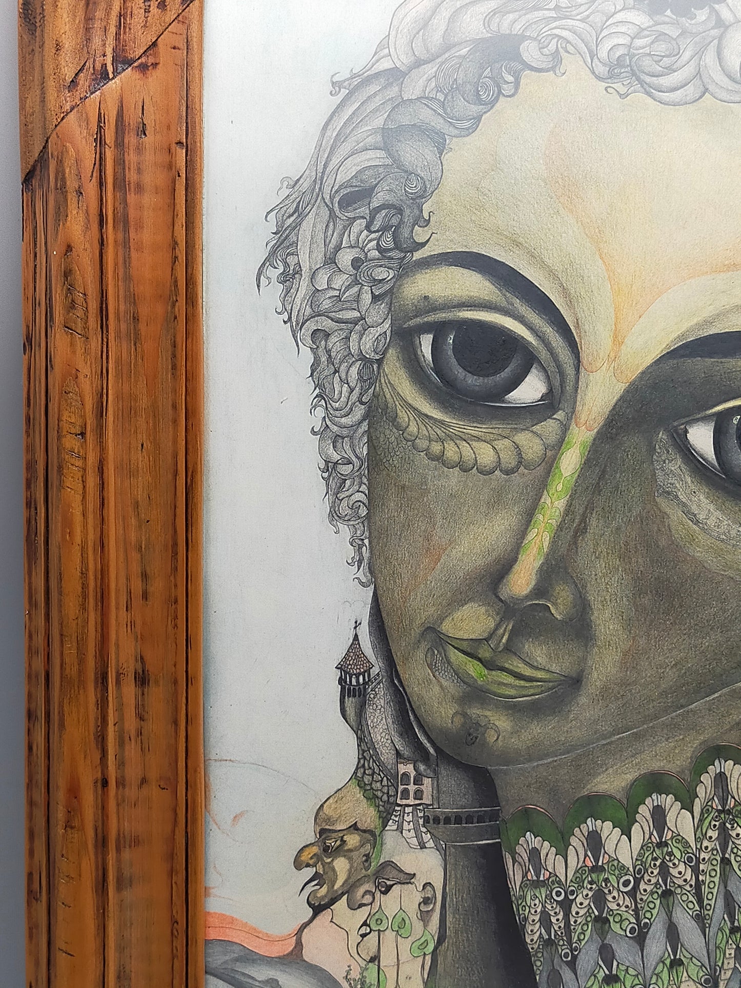 A. Abraham Rosy Surrealistisches Damen Porträt Buntstiftzeichnung