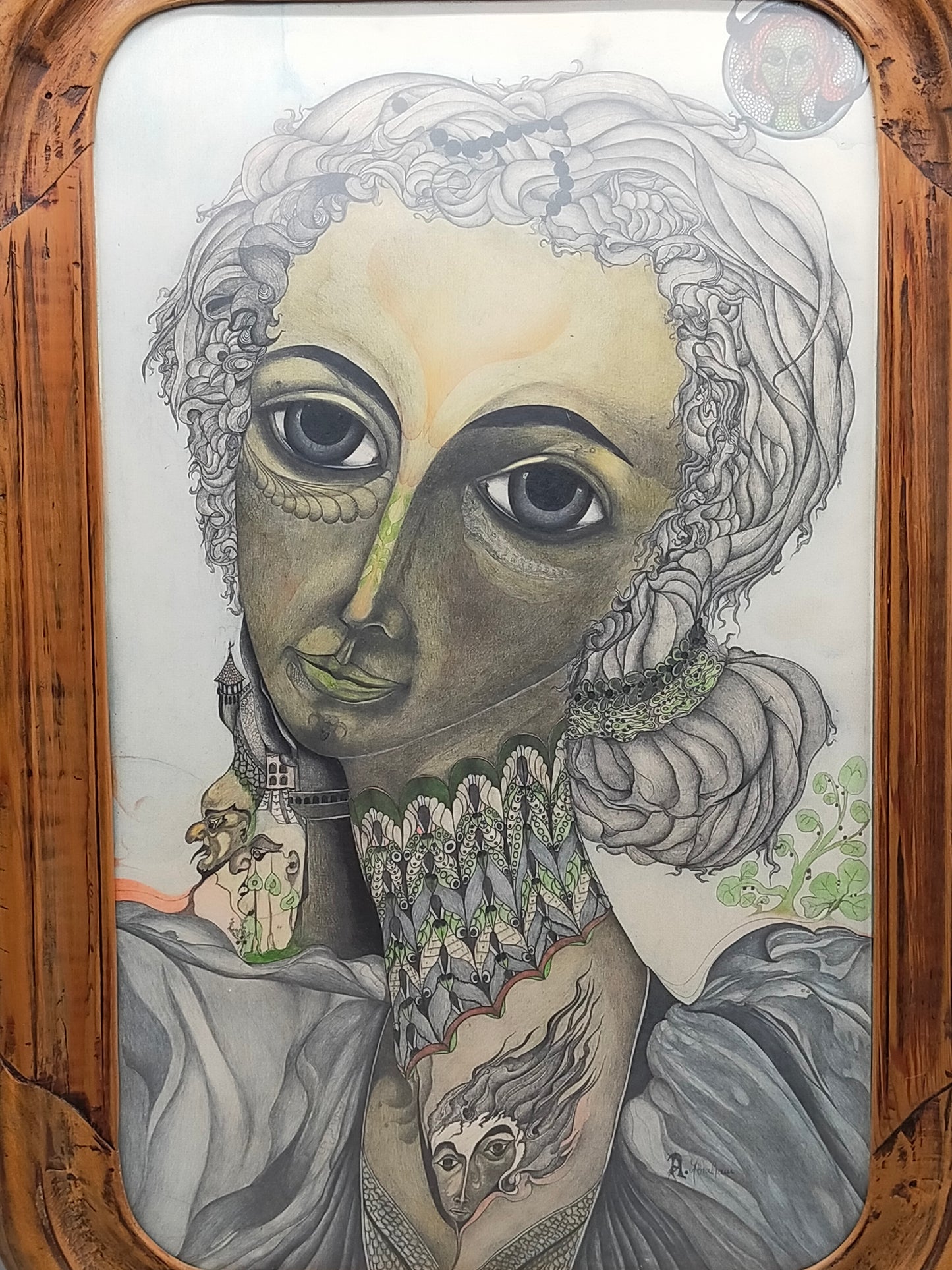 A. Abraham Rosy Surrealistisches Damen Porträt Buntstiftzeichnung