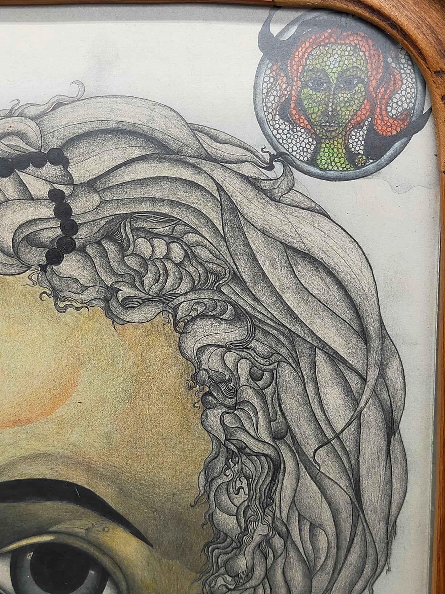 A. Abraham Rosy Surrealistisches Damen Porträt Buntstiftzeichnung