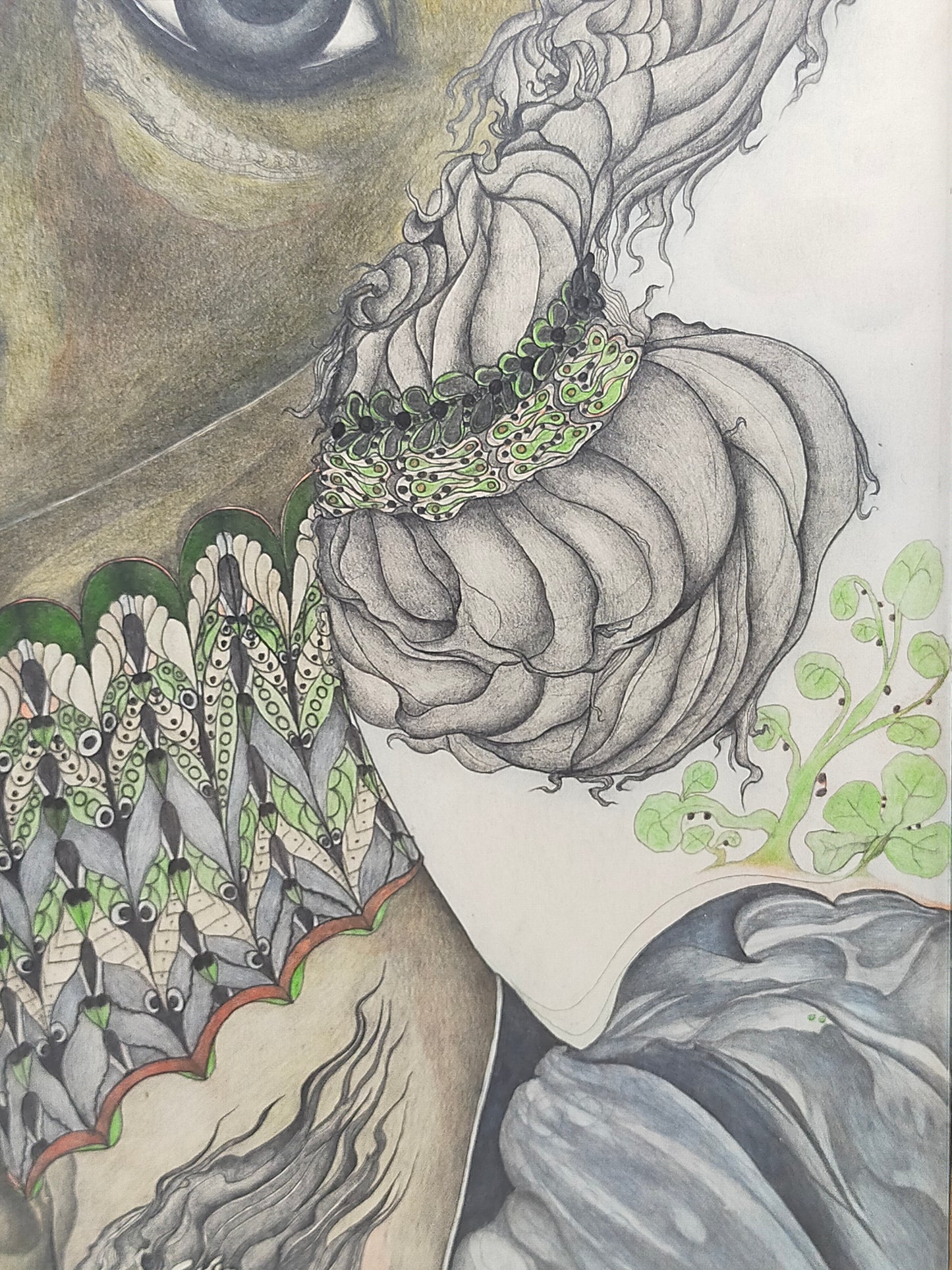 A. Abraham Rosy Surrealistisches Damen Porträt Buntstiftzeichnung