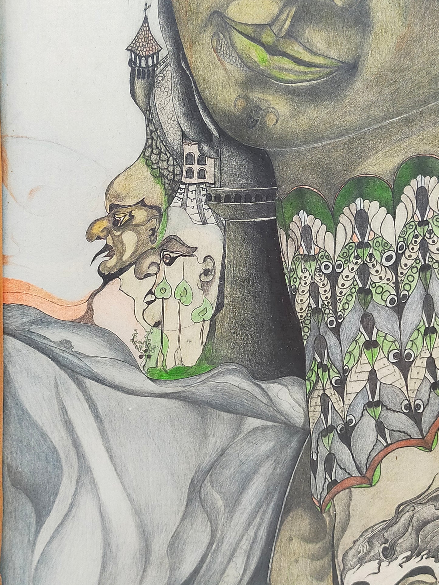 A. Abraham Rosy Surrealistisches Damen Porträt Buntstiftzeichnung