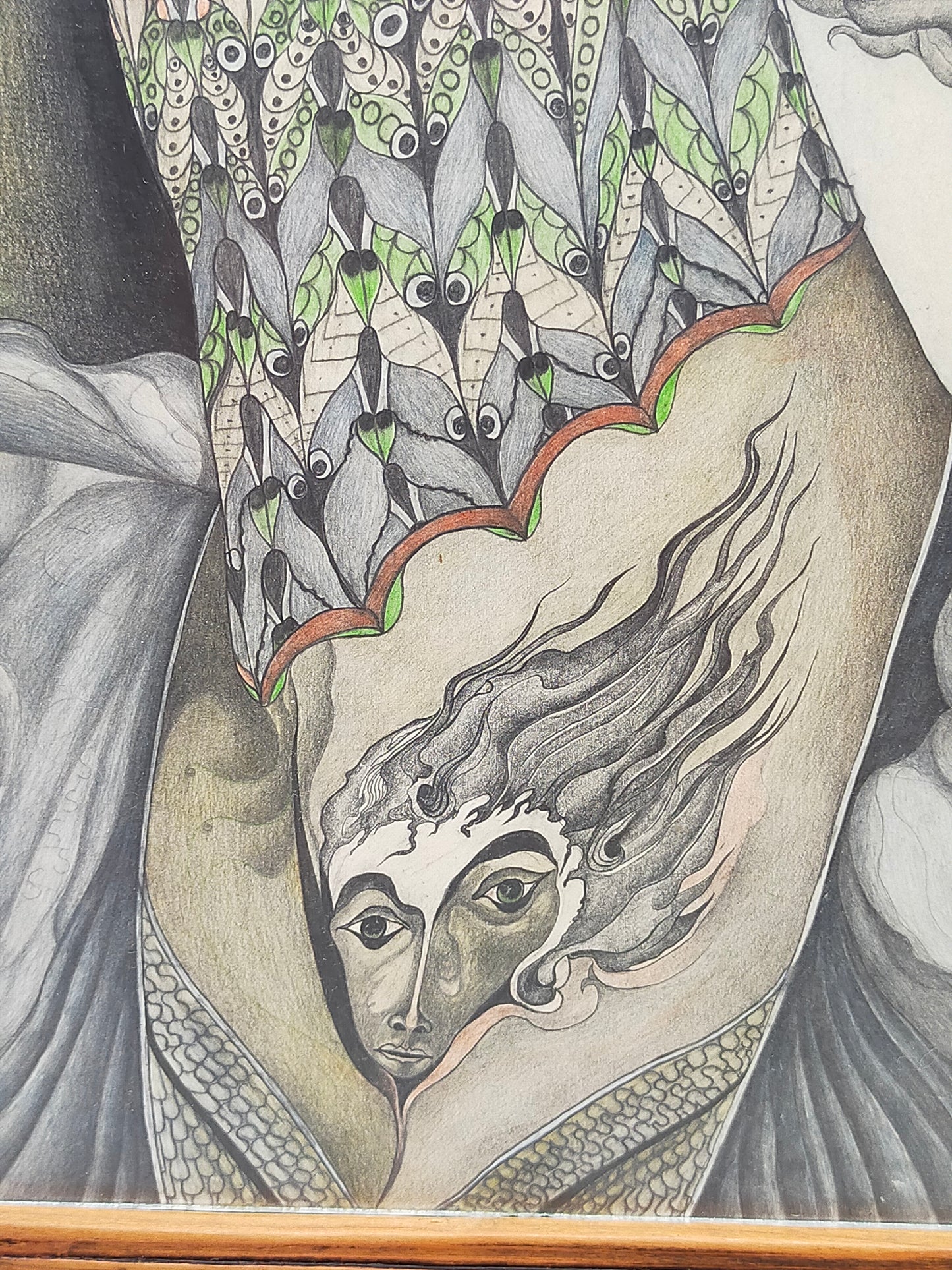 A. Abraham Rosy Surrealistisches Damen Porträt Buntstiftzeichnung