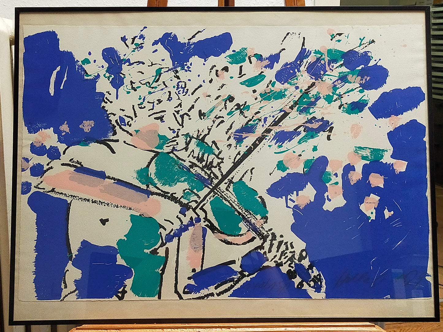 Moderne Schule (XX) Abstrakter Geiger in Blau und Türkis