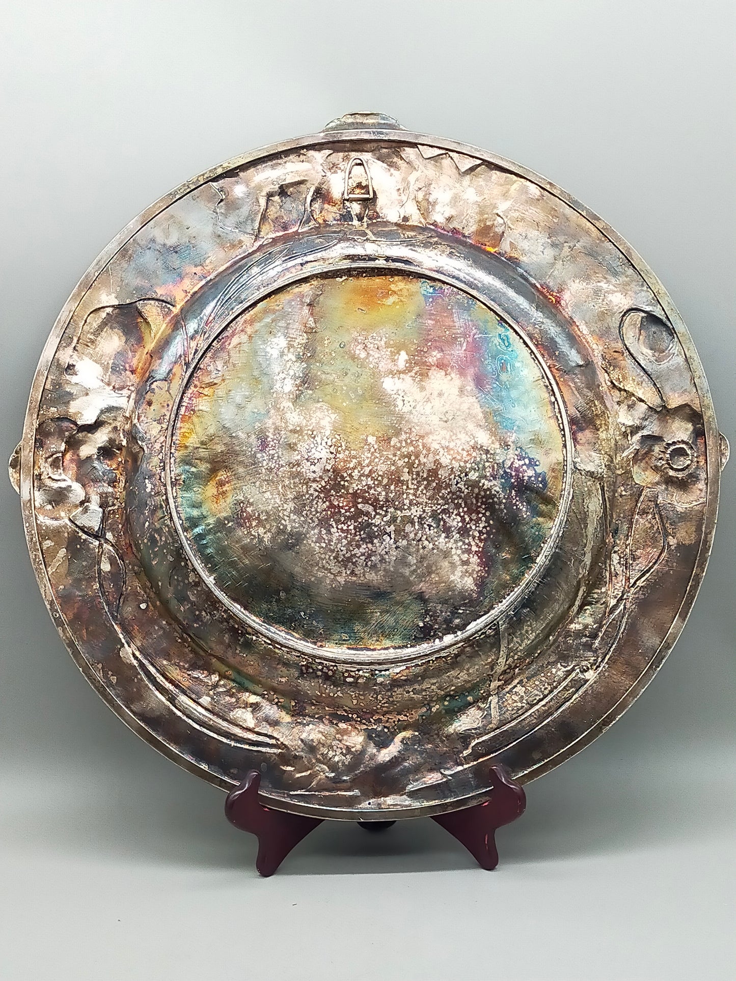 Jugendstil Wandteller Versilbert Profil einer Frau mit Mohnblumen