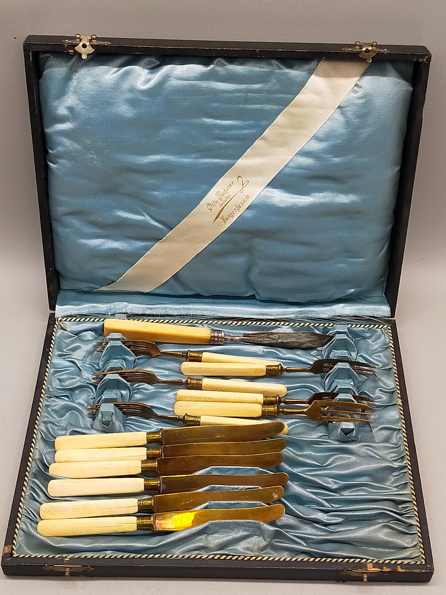 Antikes Otto Becherer Fischbesteck Set 13 teilig mit Etui