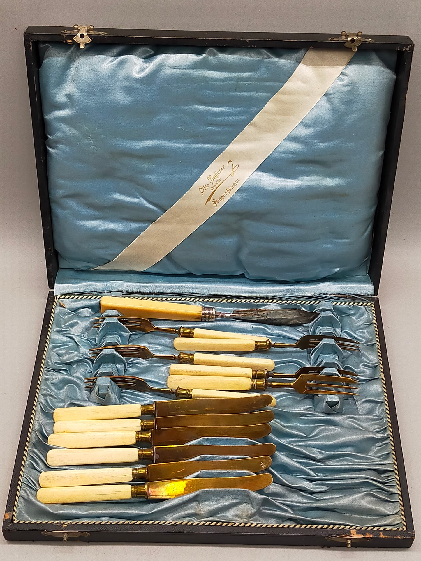 Antikes Otto Becherer Fischbesteck Set 13 teilig mit Etui