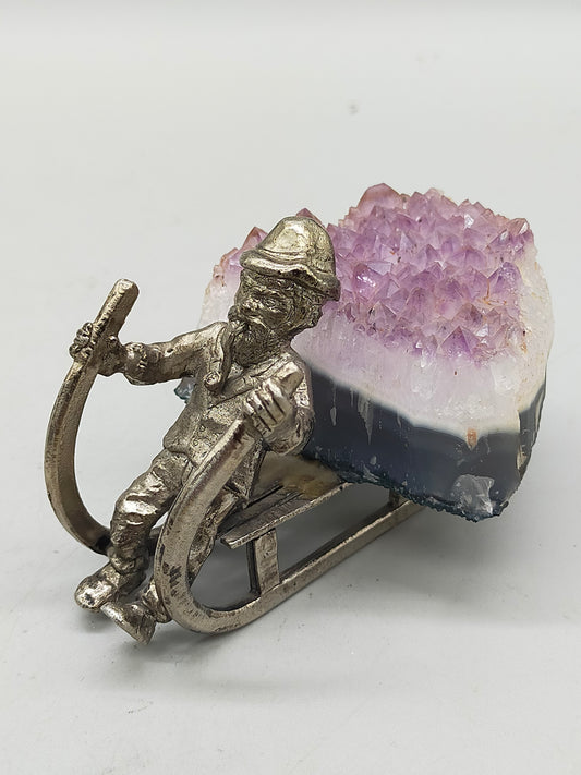 Bergmann auf Schlitten mit Amethyst Druse Rustikale Deko Figur