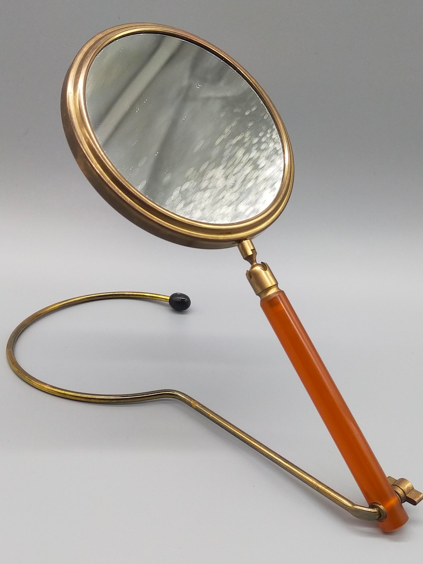 Antiker Tischspiegel mit Bernstein optik Griff Vintage Kosmetikspiegel