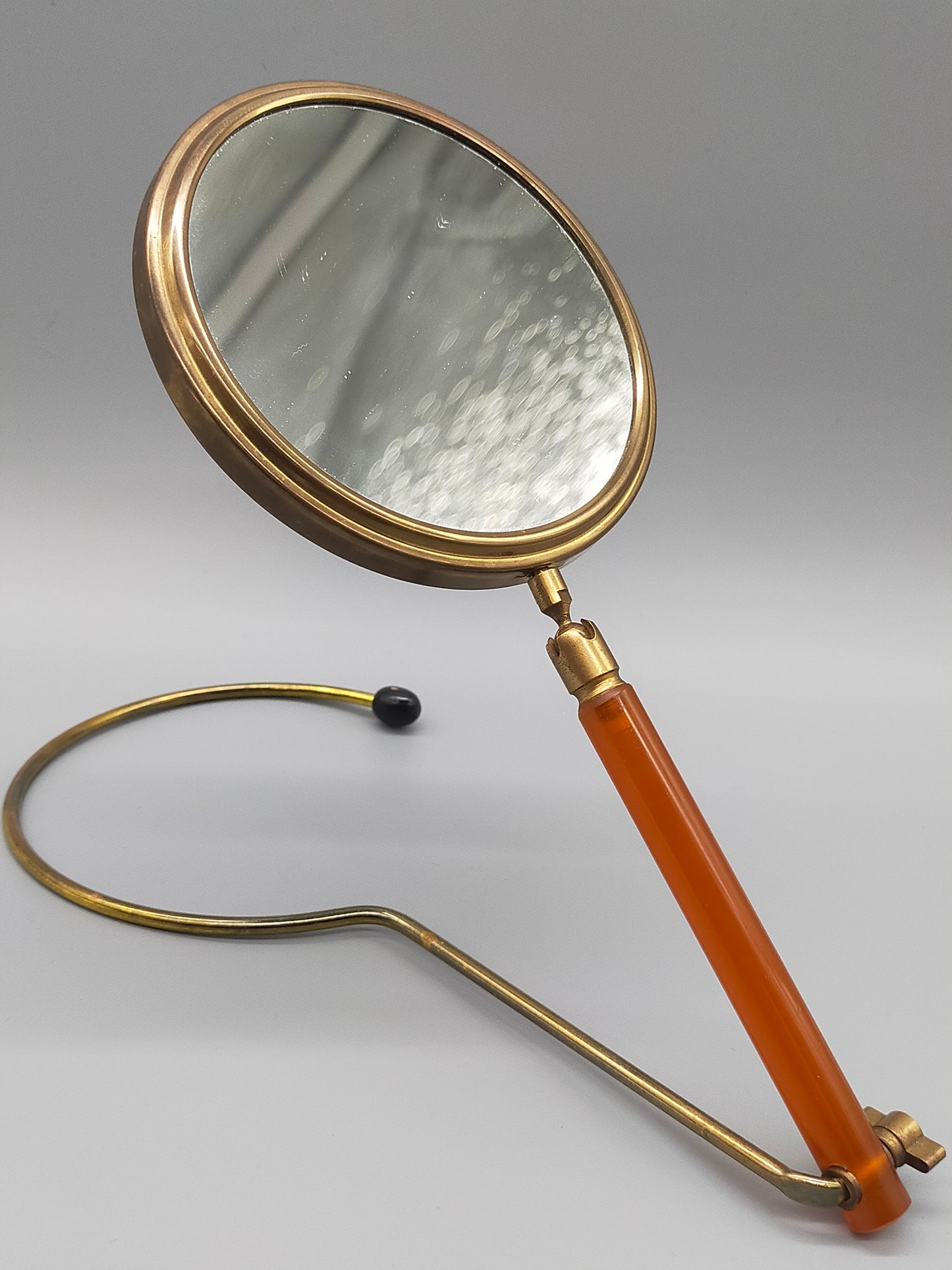 Antiker Tischspiegel mit Bernstein optik Griff Vintage Kosmetikspiegel