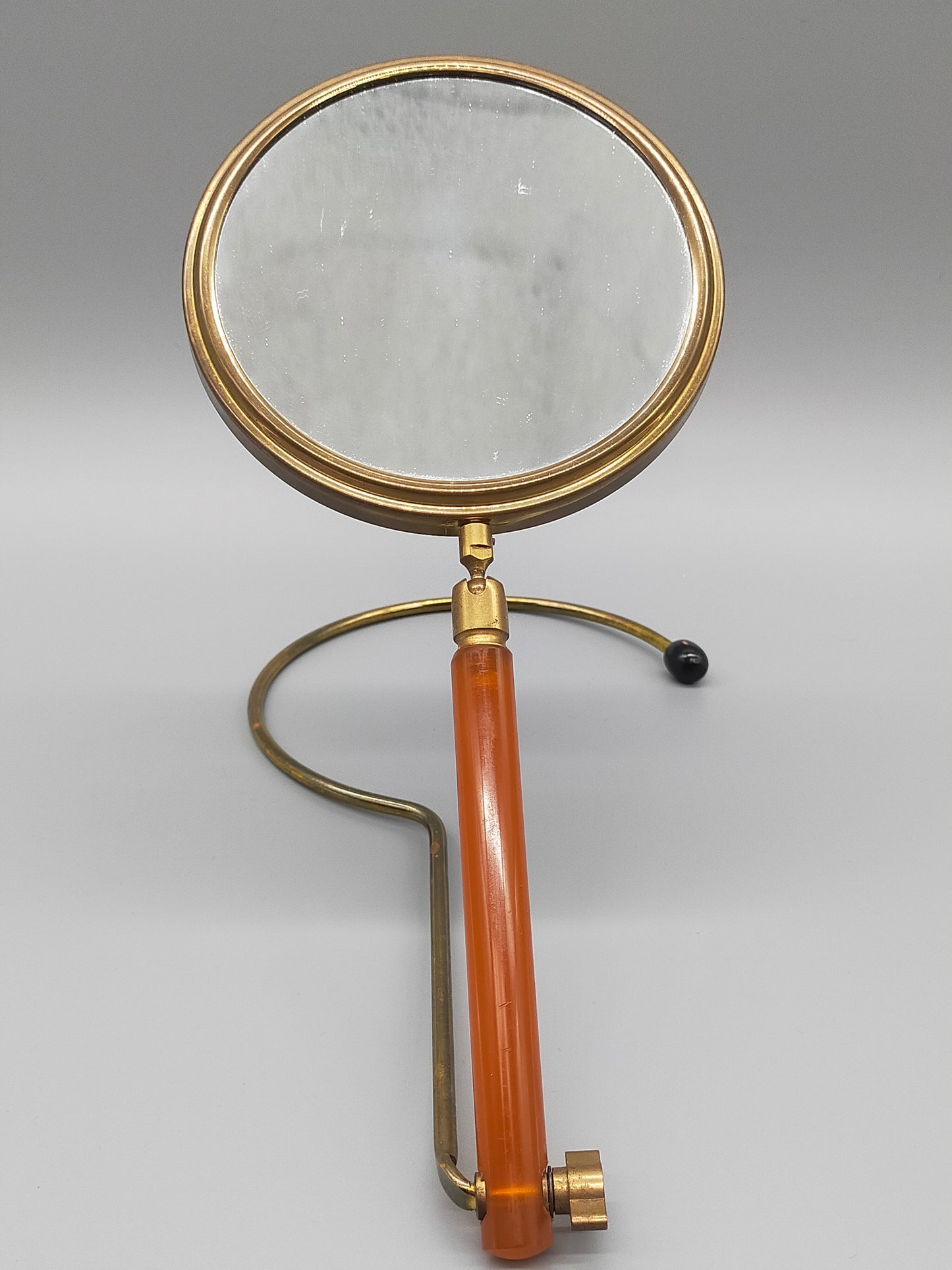 Antiker Tischspiegel mit Bernstein optik Griff Vintage Kosmetikspiegel
