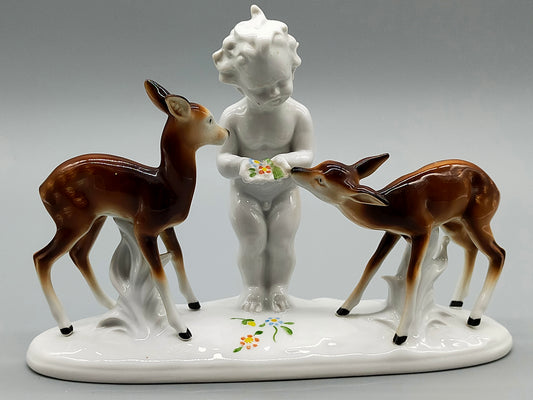 Gräfenthal Porzellan Figur Putto mit zwei Rehen