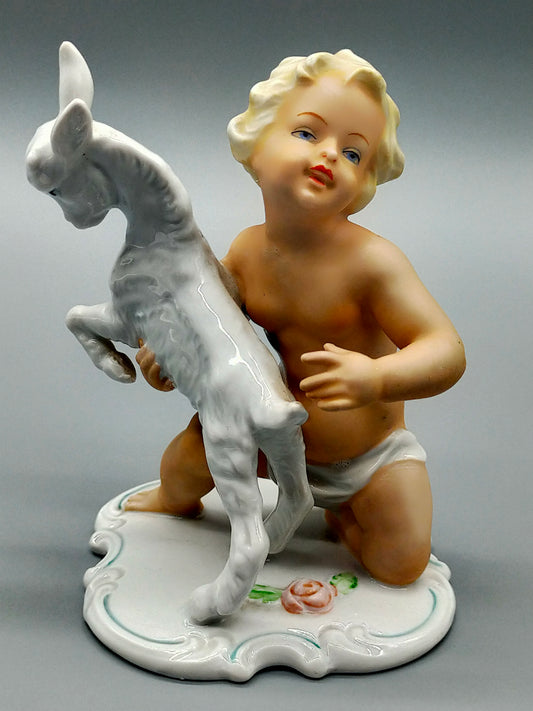 Schaubach Kunst Porzellan Figur Knabe mit Ziegenbock Art Déco
