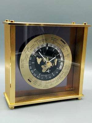 Vintage  1984 Seiko Weltzeit Tisch Uhr Elegantes Messing Design mit Weltkarte